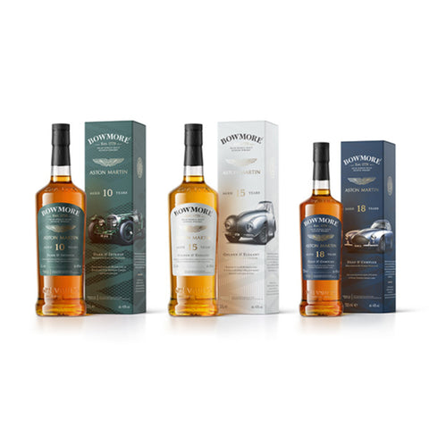 Bowmore Aston Martin Collection Batch One 10 Years 15 Years and 18 Years Three Bottles Set Islay Scottish Single Malt Whisky, ABV: 40-43%, 700ml to 1L