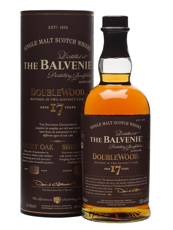 Distillery: The Balvenie
Name: 17 Years Double Wood
Volume: 70CL
ABV: 43%
Notes: Single Malt
Origin: Dufftown, Speyside, Scotland