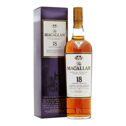 Distillery: The Macallan
Name: 18 Years Sherry Oak - 1997
Volume: 70CL
ABV: 43%
Notes: Single Malt
Origin: Craigellachie, Speyside, Scotland